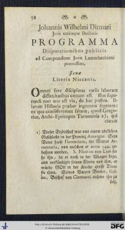 Johannis Wilhelmi Ditmari Juris utruisque Doctoris Programma Disputationibus publicis ad Compendium Juris Lauterbachiani praemissum.