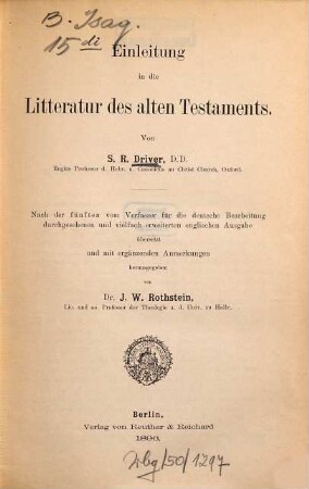 Einleitung in die Litteratur des alten Testaments