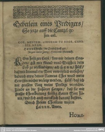 Gebetlein eines Predigers, So jetzo auff die Cantzel gehen wil
