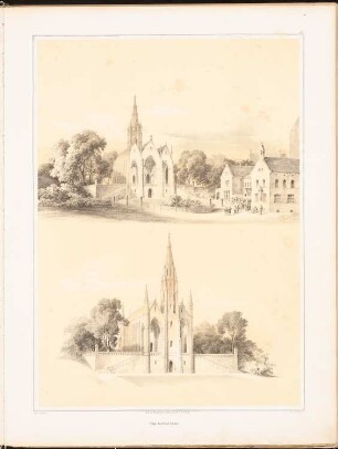 Kirche mit 1650 Sitzen: Perspektivische Ansichten (aus: Entwürfe zu Kirchen, Pfarr- und Schulhäusern, hrsg. von der Kgl. Preuß. Oberbaudeputation, 1845-1855)