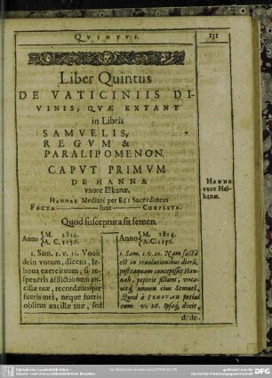 Liber Quintus, De Vaticinis Divinis, Quae Extant in Libris Samuelis, Regum & Paralipomenon
