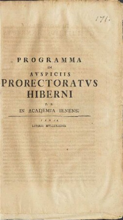 Programma In Avspiciis Prorectoratvs Hiberni P. P. In Academia Ienensi.