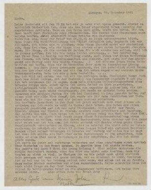 Brief von Raoul Hausmann an Elfriede Hausmann. Limoges