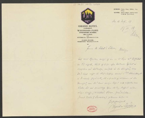 Brief an B. Schott's Söhne : 16.07.1929