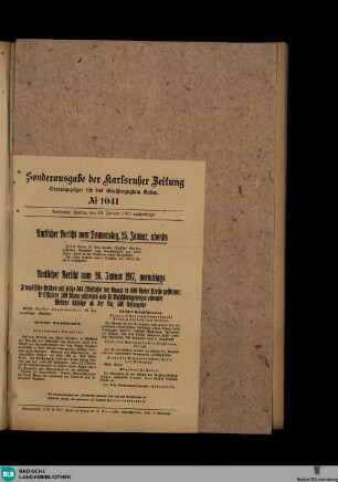 Karlsruher Zeitung, Sonderausgabe No. 1041, Amtlicher Bericht vom Donnerstag, 25. Januar und 26. Januar 1917