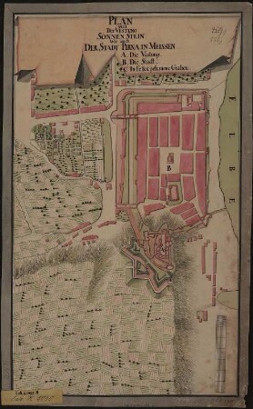 Plan der Festung Sonnenstein u. der Stadt Pirna, kolor. Handzeichng, 1780 : Plan von der Vestung Sonnen Stein wie auch der Stadt Pirna in Meissen. - [S.l.] , [ca. 1780]. - 1 Kt. : kolor. Handzeichng. , 27 x 45 cm