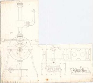 Voit, Johann Michael; Entwurf für technische Geräte - Grundrisse, Ansicht, Perspektive, Schnitt