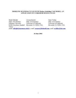 Modelling Business Cycles with Markov Switching VAR Model: An Application on Turkish Business Cycles