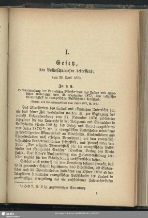 I. Gesetz, das Volksschulwesen betreffend; vom 26. April. 1873