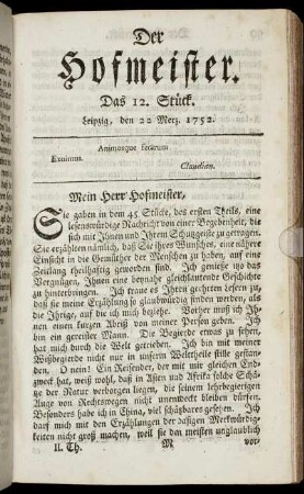 Das 12. Stück. Leipzig, den 22 Merz. 1752.