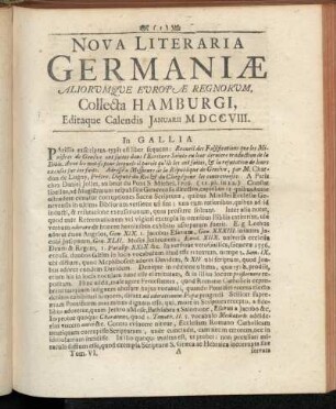 Nova Literaria Germaniæ Aliorumque Europæ Regnorum, Collecta Hamburgi, Editaque Calendis Januarii MDCCVIII.