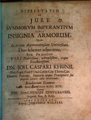 Dissertatio De Jure Svmmorvm Imperantivm Circa Insignia Armorum