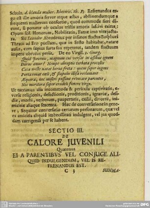 Sectio III. De Calore Juvenili Quatenus Ei A Parentibus Vel Conjuge Aliquid Indulgendum, Vel Is Refrenandus Est