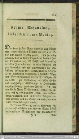 Zehnte Abhandlung. Ueber den blauen Montag