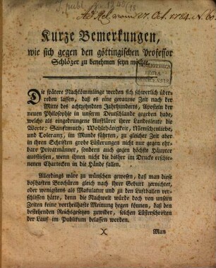 Kurze Bemerkungen, wie sich gegen den göttingischen Professor Schlözer zu benehmen seyn möchte