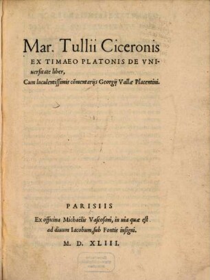 Ex Timaeo Platonis de universitate liber Ciceronis