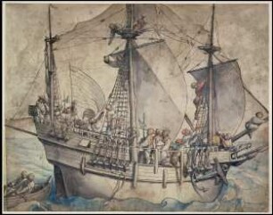 Schiff mit Matrosen, Landsknechten und einer Marketenderin beim Gelage