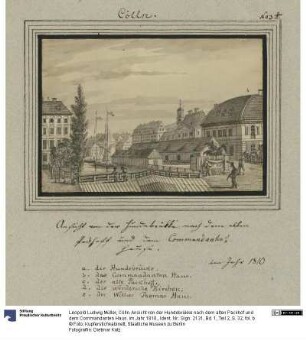 Cölln. Ansicht von der Hundebrükke nach dem alten Packhof und dem Commandanten Haus. im Jahr 1810.