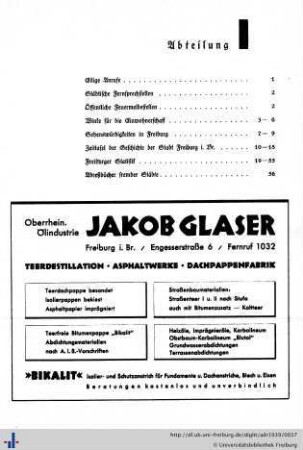 Abteilung I. Eilige Anrufe, städtische Fernsprechstellen, Feuermeldestellen, Winke für die Einwohnerschaft, Sehenswürdigkeiten, Zeittafel der Stadt Freiburg i.Br., Freiburger Statistik, Adreßbücher fremder Städte.