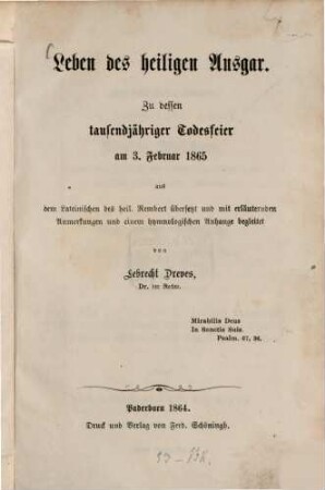 Leben des heiligen Ansgar : zu dessen tausendjähriger Todesfeier am 3. Februar 1865