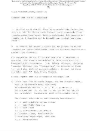 Bericht über die Arbeit der Arbeitsgruppe "Japanisch"
