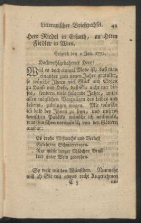 Herr Riedel in Erfurth, an Herrn Fiedler in Wien. Erfurth den 1 Jan. 1772.
