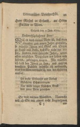 Herr Riedel in Erfurth, an Herrn Fiedler in Wien. Erfurth den 1 Jan. 1772.
