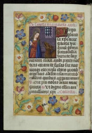Miniatur-Textzierseite: (Suffragium) heilige Margarete; Trompe l'oeil-Rahmen mit Blütenzweigen und Insekten