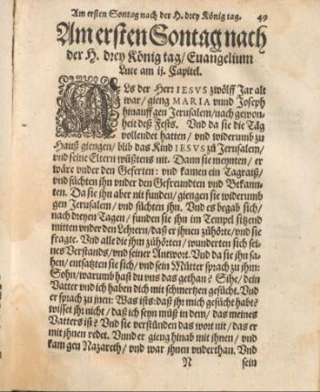 Am ersten Sontag nach der H. drey König tag, Euangelium Luce am ij. Capitel. [bis Am fünfften Sontag nach der H. drey König tag, Euangelium Matthei am xiij. Cap.]