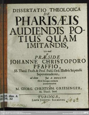 Dissertatio Theologica De Pharisaeis Audiendis Potius Quam Imitandis ...