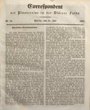 Nr. 14. Fulda, den 15. Juli 1850.
