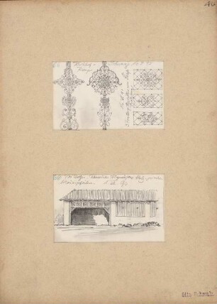 Reiseskizzen aus Österreich, Deutschland und Italien: Schwaz: Kirchhofkreuze (Ansichten, Tratzberg: Fenstergitter vom Schloss (Ansichten), Bozen: Remise (Ansicht)