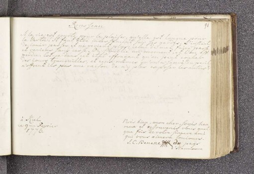 J[ohann] C[onrad] Beneke. – Incipit: La vie est courte pour le plaisir, qu'elle est longue pour la Vertu! – Kiel, 09.02.1776