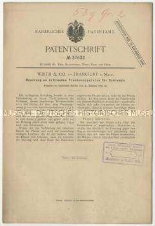 Patentschrift einer Neuerung an rotierenden Trockenapparaten für Schlempe, Patent-Nr. 37632