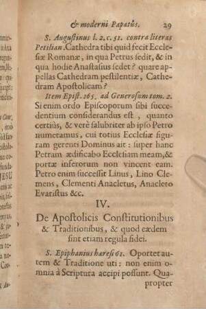 IV. De Apostolicis Constitutionibus & Traditionibus, & quod eaedem sint etiam regula fidei.