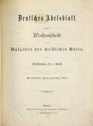 Deutsches Adelsblatt : Zeitschrift der Deutschen Adelsgenossenschaft für die Aufgaben des christlichen Adels. 9. 1891