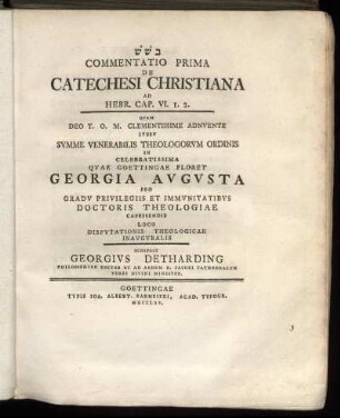 Commentatio Prima De Catechesi Christiana Ad Hebr. Cap. VI. 1.2.