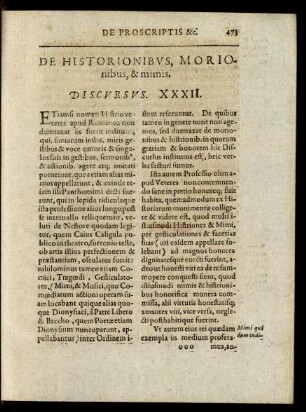 De Historionibus, Morionibus, & mimis. Discursus XXXII.