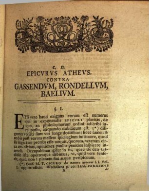 Dissertatio Academica Qva Sistitvr Epicvrvs Athevs Contra Gassendvm, Rondellvm, Baelivm