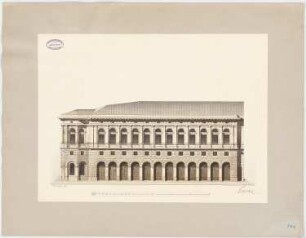 Neues Theater (Oper), Frankfurt/Main: Perspektivische Ansicht Hauptfassade des Magazingebäudes