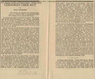Artikel "Gedanken über Mut" (Auszug aus "Flandrisches Tagebuch 1914").