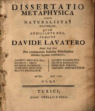 Diss. metaphys. contra naturalistas posterior