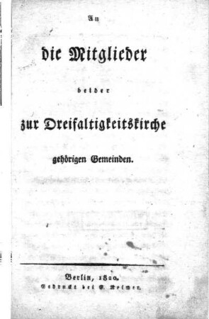 An die Mitglieder beider zur Dreifaltigkeitskirche gehörigen Gemeinden
