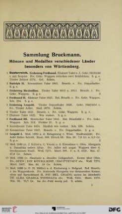 Sammlung Bruckmann. Münzen und Medaillen verschiedener Länder besonders von Württemberg (Nr. 1-621)