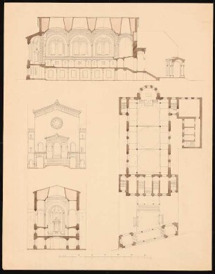 Neue Synagoge, Berlin Vorstudien: Ansicht Grundriss, Schnitte