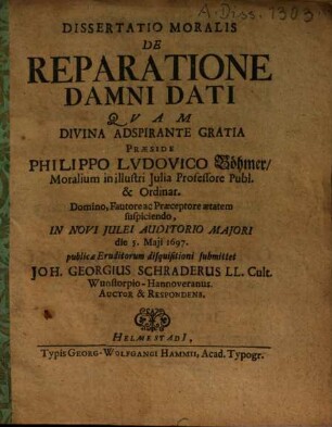 Dissertatio Moralis De Reparatione Damni Dati