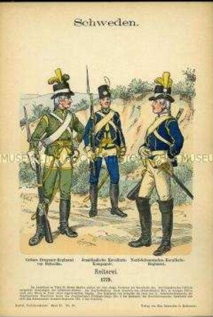 Uniformdarstellung, Gemeine verschiedener Dragoner- und Kavallerie-Regimenter, Königreich Schweden, 1779.