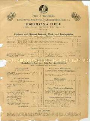 Preisliste der Firma Hoffmann & Tiede - Sachkonvolut