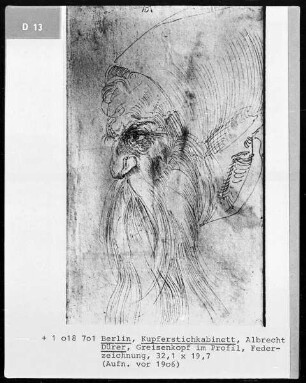 Greisenkopf im Profil nach links, Folio recto