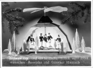 Grußkarte zum Jahreswechsel 1987/1988 : Frohe Weihnachtstage und ein Herzliches "Glück auf" 1988. Grußkarte des Fotografen aus Roßwein zum Jahreswechsel 1987/1988